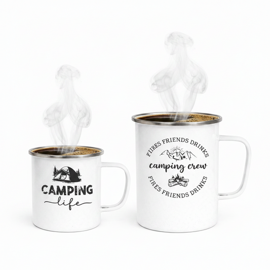 Personalised Enamel Camping Mug (White with Silver Rim) – Custom Outdoor Gift