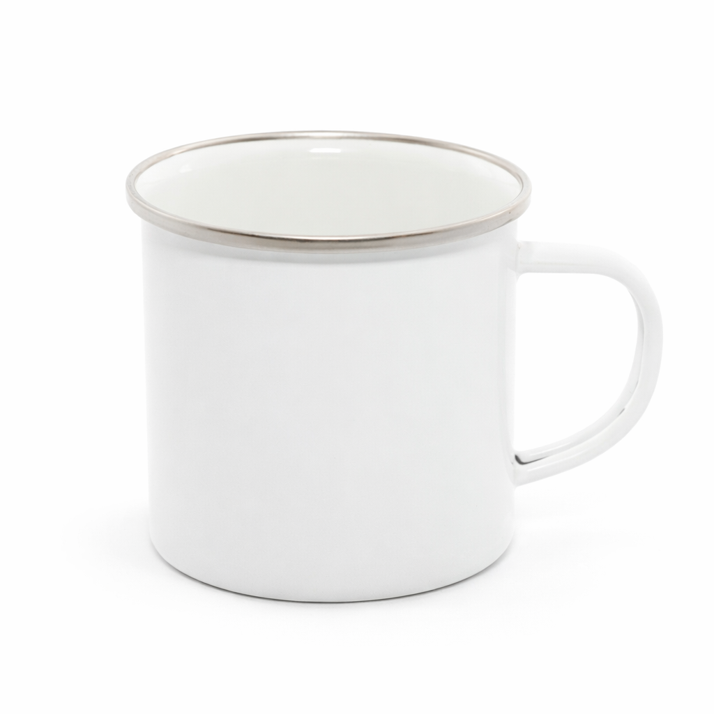 Personalised Enamel Camping Mug (White with Silver Rim) – Custom Outdoor Gift