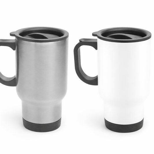 Personalised Stainless Steel Travel Mug with Handle – White or Silver
