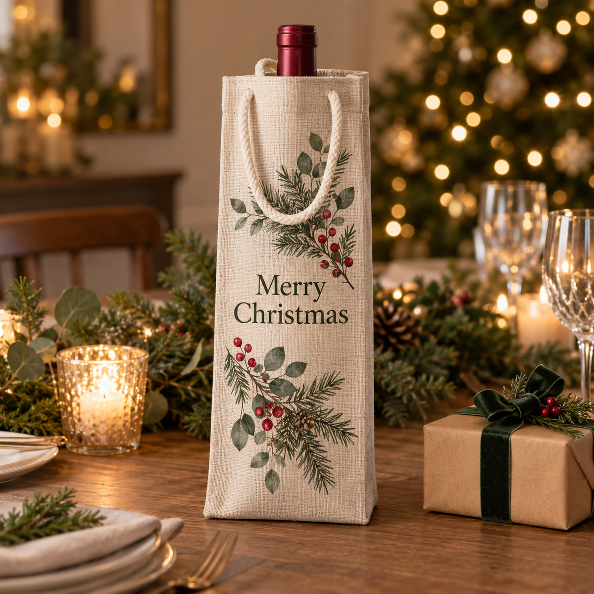 Personalised linen wine bottle bag displayed as a Christmas gift