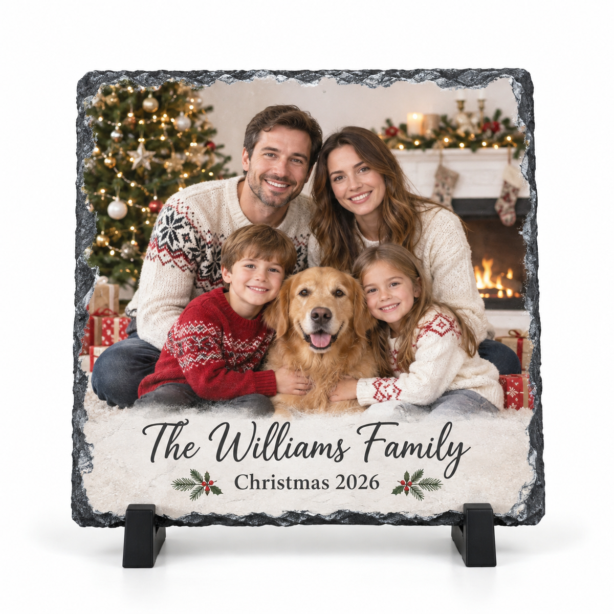 Natural-edge family photo slate personalised with surname and Christmas 2026