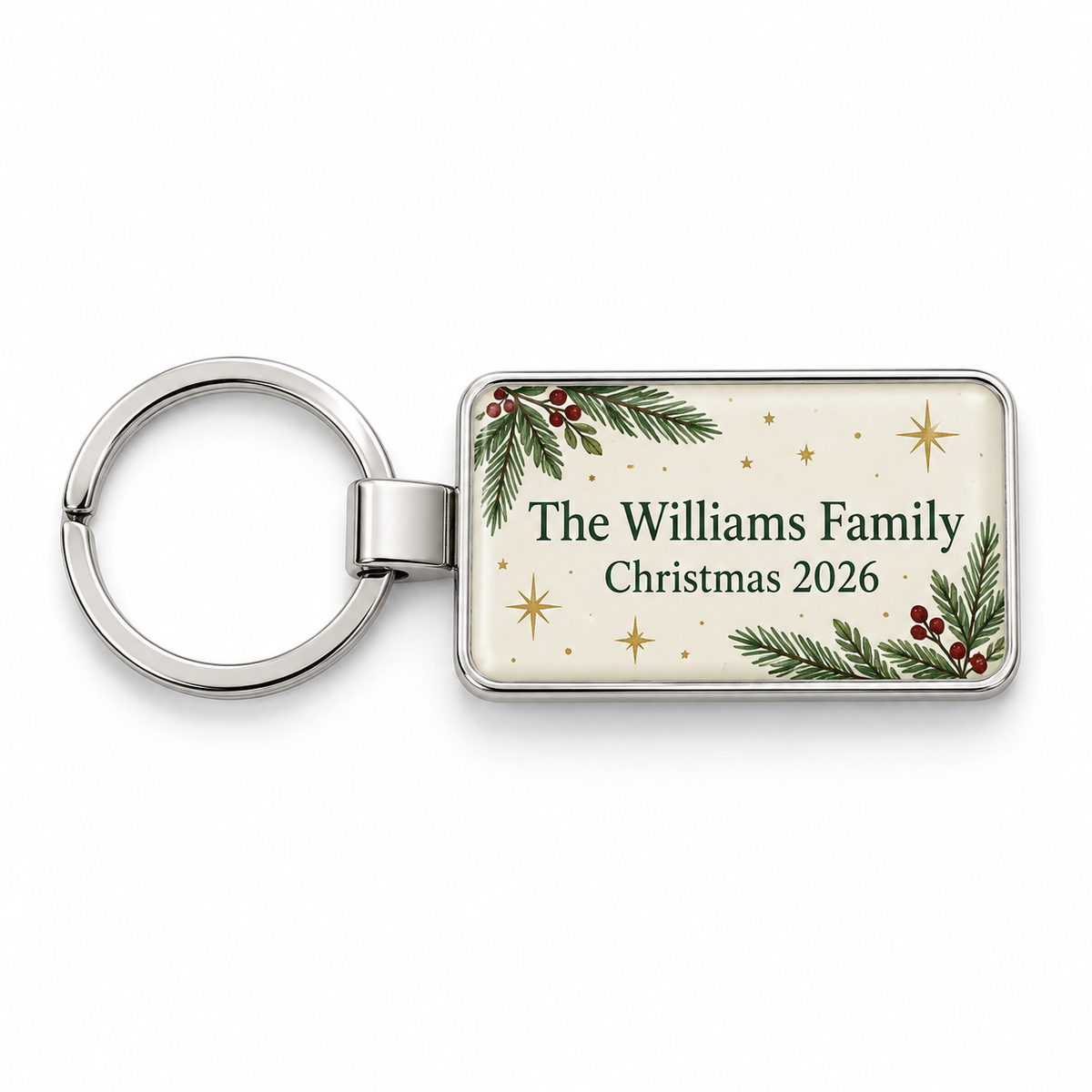 Personalised metal keyring with The Williams Family Christmas 2026 design