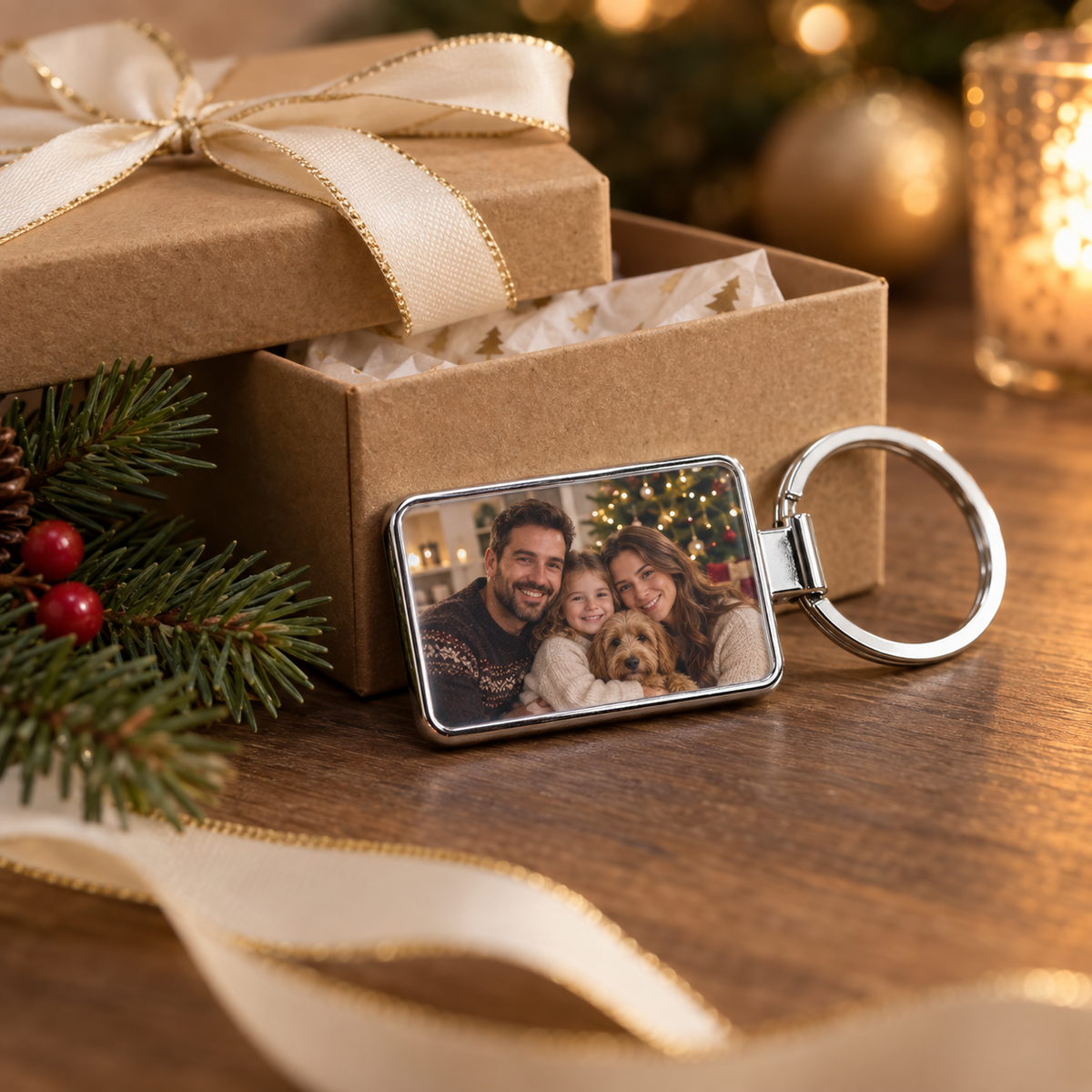 Personalised family photo keyring presented as a Christmas gift
