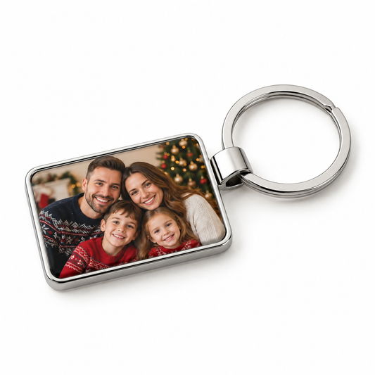 Personalised family photo metal keyring on a white background