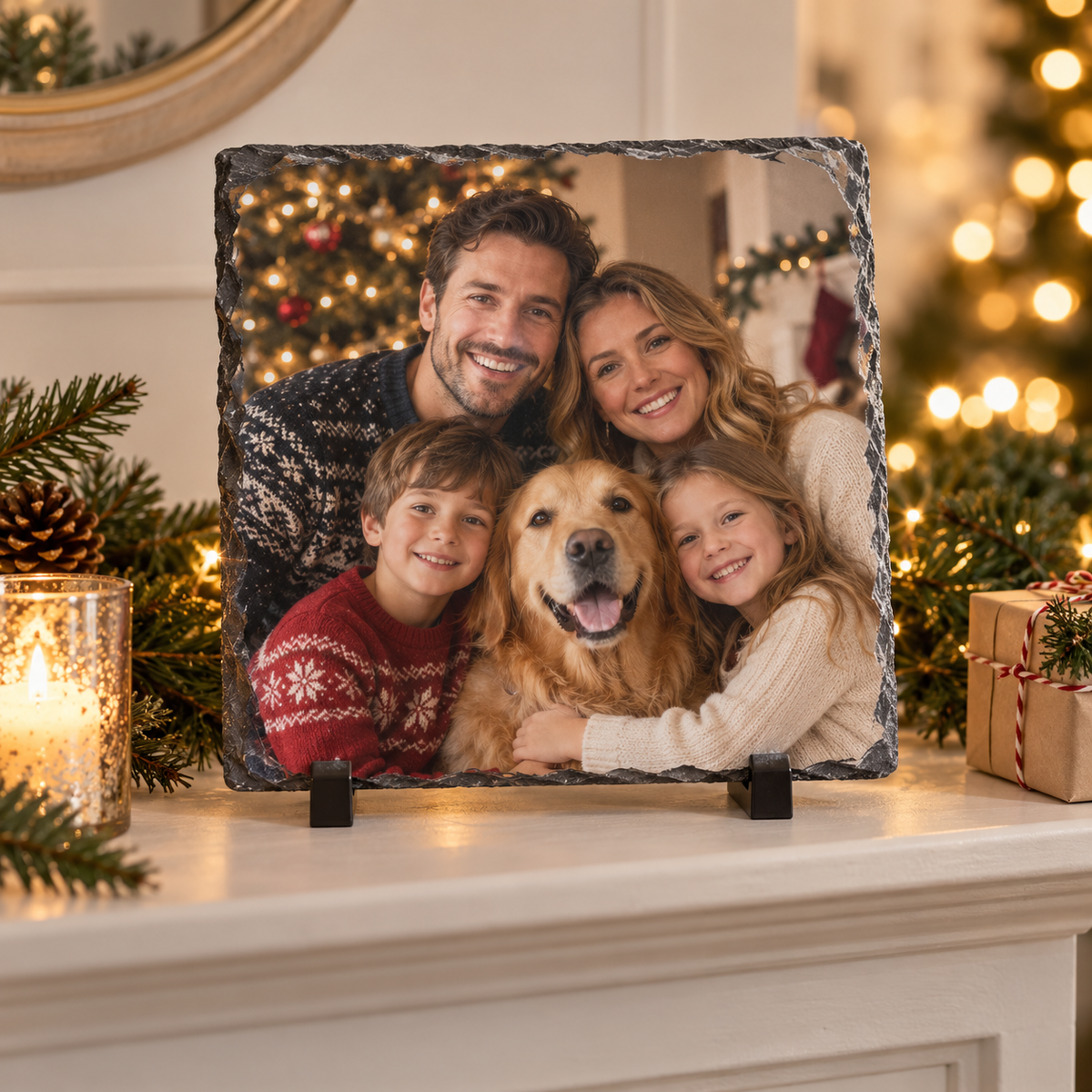 Personalised family photo slate displayed on a Christmas mantelpiece