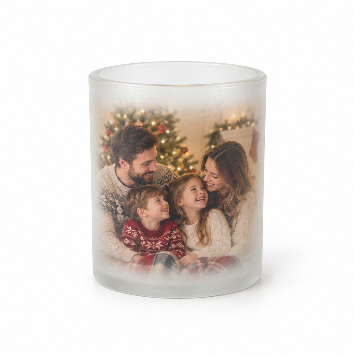 Personalised frosted glass candle holder with family Christmas photo on white background