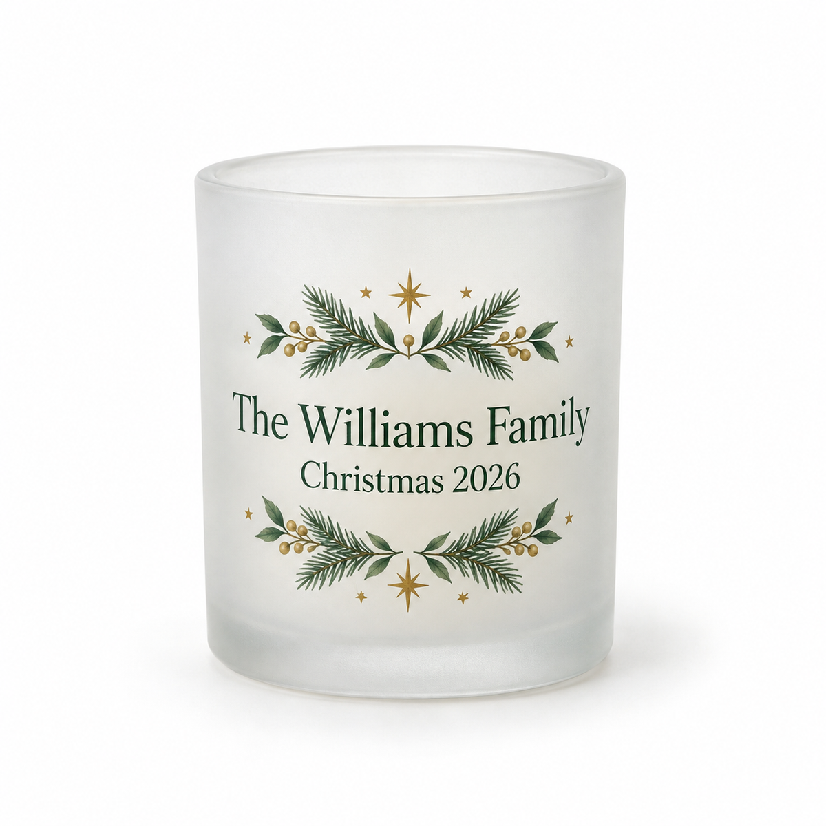 Personalised frosted glass candle holder with The Williams Family Christmas 2026 design