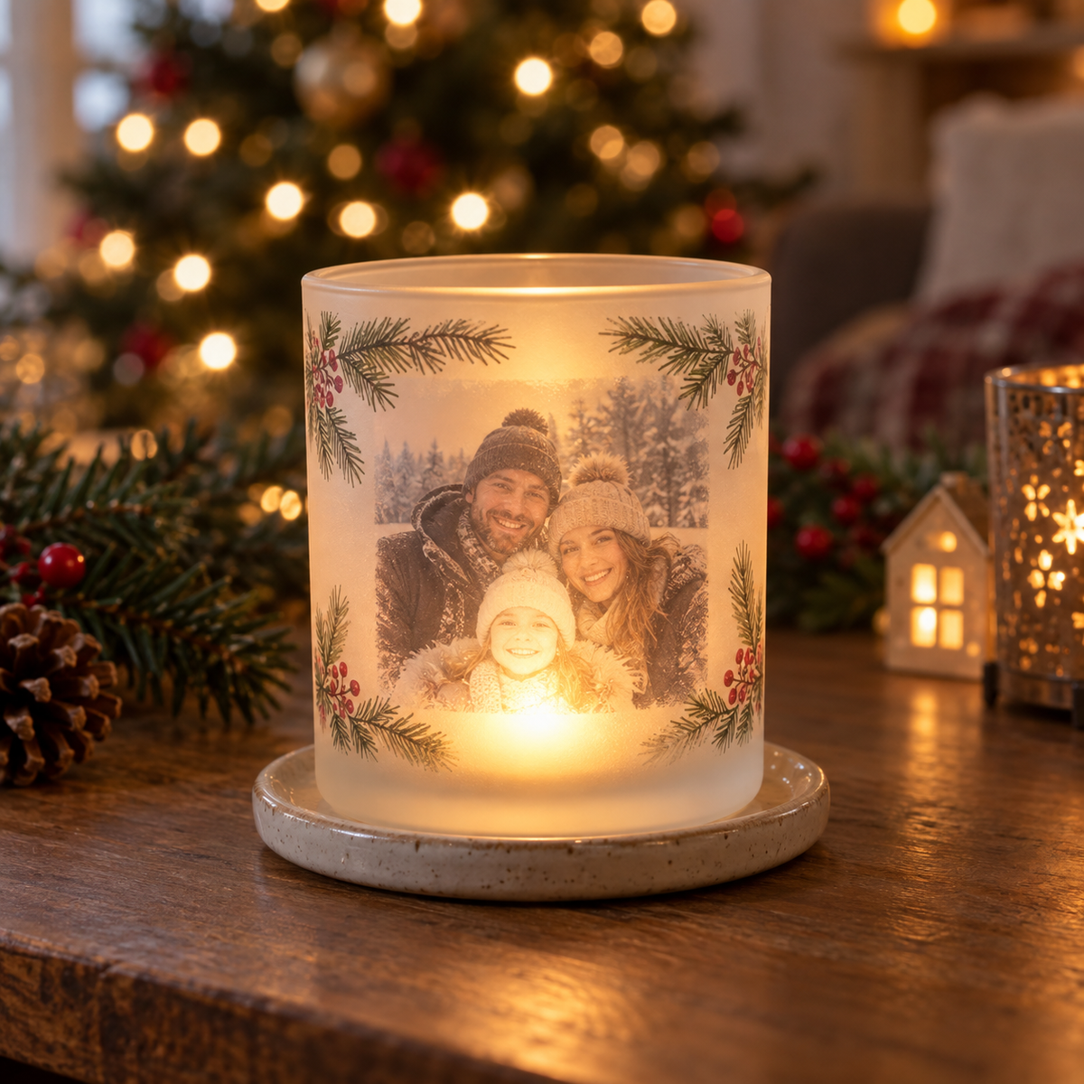Lit personalised frosted glass candle holder in a warm Christmas setting