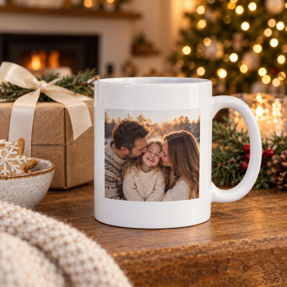 Custom photo mug shown in a Christmas gift setting