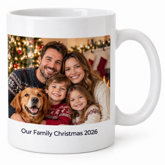 Glossy personalised ceramic mug with family Christmas photograph