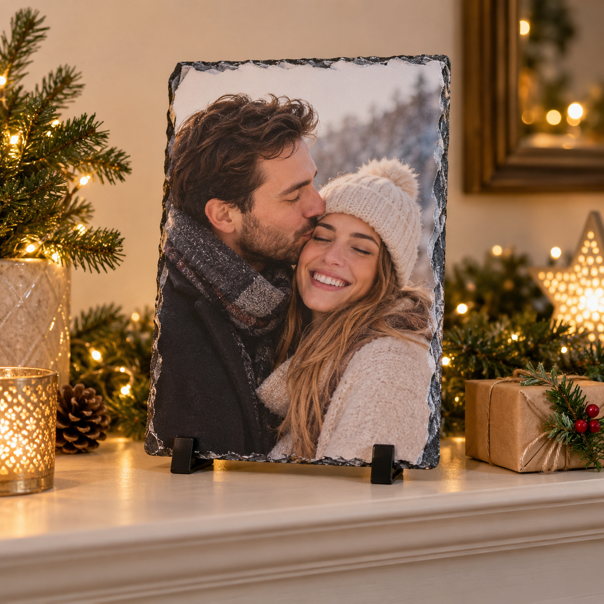 Portrait photo slate displayed on a Christmas mantelpiece