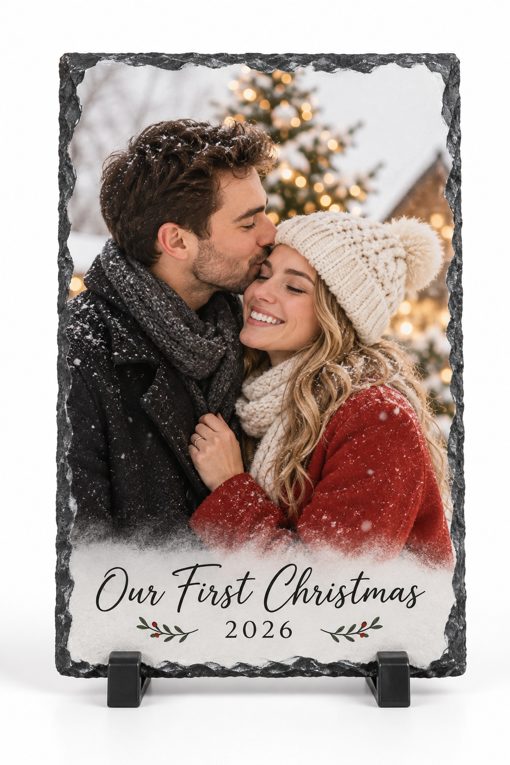 Couple photograph on a personalised 19 x 29 cm Christmas slate